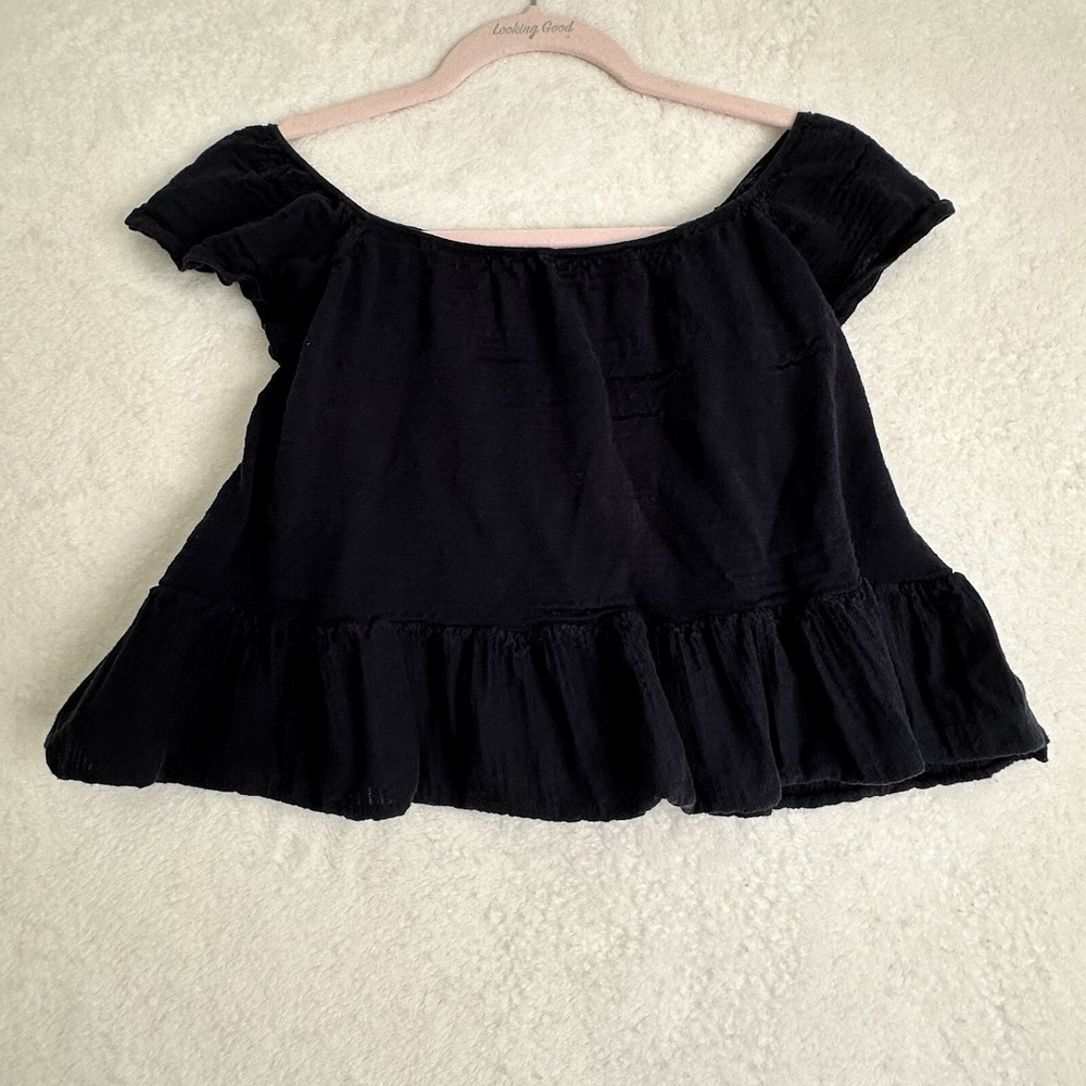 Minnie Rose Womens S Black Top Ruffle Short Sleeve Cropped